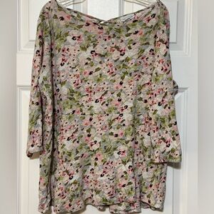 J.Jill Love Linen Floral Tie Keyhole 3/4 Sleeve Watercolors Knit Blouse M Petite